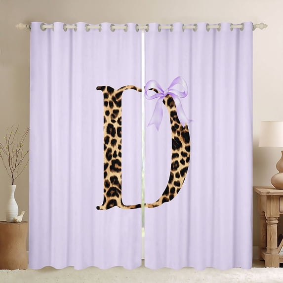 Manfei Old Fashion Letter D Monogrammed Black Out Curtains for Kids Teens,Vintage Leopard Print Initial Bow Curtains Pack of 2 (42x63 Each) for Girls Women,Breathable Home Decor