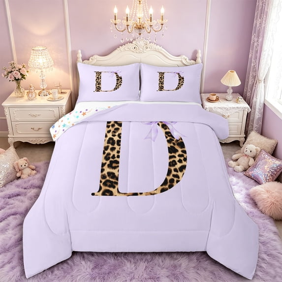 Manfei Old Fashion Letter D Monogrammed Full Size Comforter Sets 3 Pieces for Kids Teens,Vintage Leopard Print Initial Bow Bedding Sets for Girls Women,Breathable Home Decor