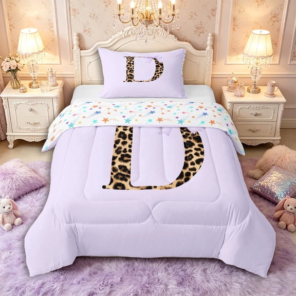 Manfei Old Fashion Letter D Monogrammed Twin Comforter Sets 3-Piece for Kids Teens,Vintage Leopard Print Initial Bow Bedding Set for Girls Women,Breathable Home Decor