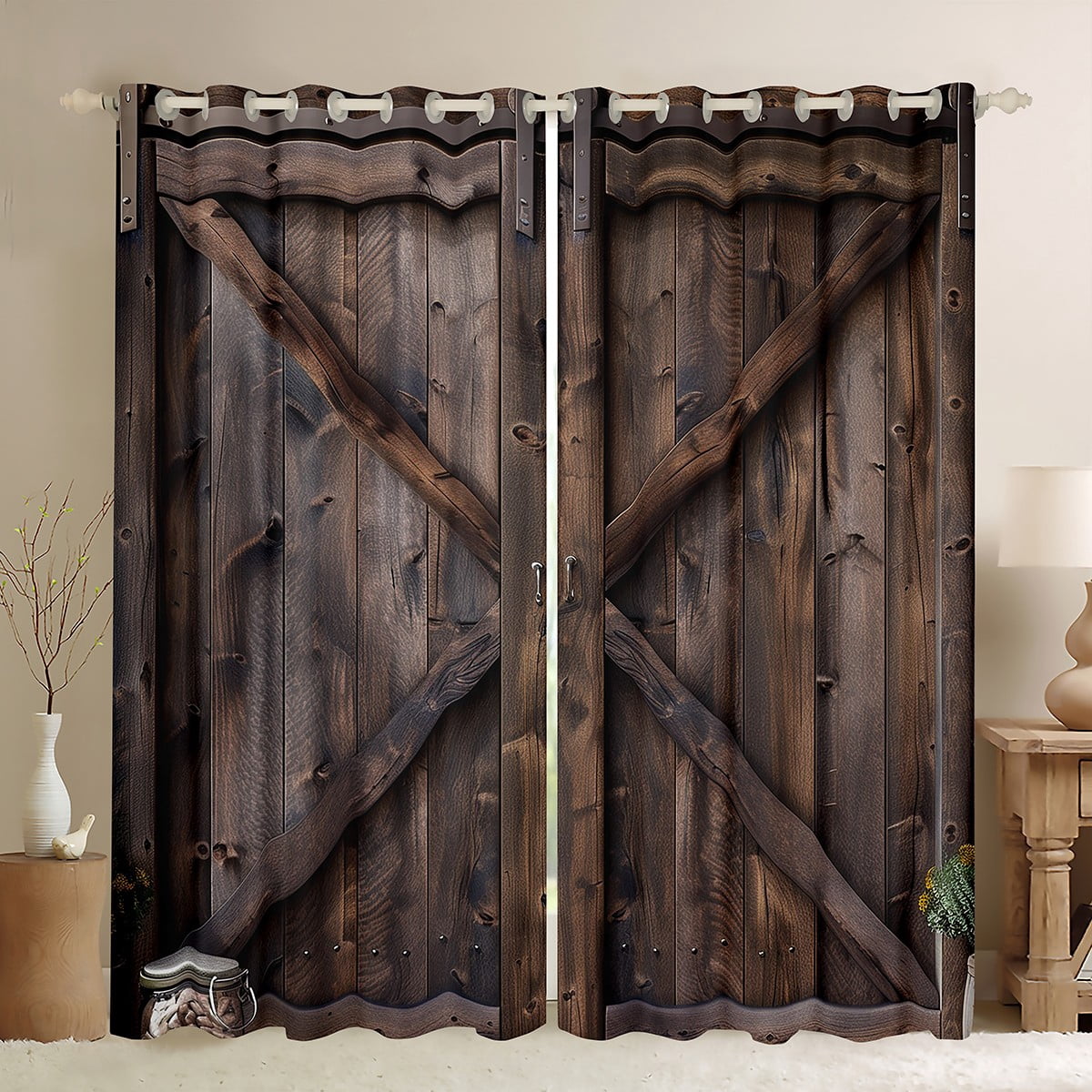 Manfei Old Wooden Board Black Out Curtains,Country Farmhouse Lodge Curtains Pack of 2 (42x63 Each),Western Farm Bedroom Curtains For Adult,Microfiber Bedroom Decor