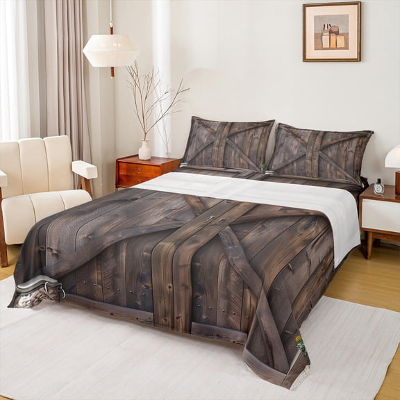 Manfei Old Wooden Board Twin Sheet Sets,Country Farmhouse Lodge Twin Fitted Sheet,Western Farm Flat Sheet For Adult,Microfiber Bedroom Decor,3-Piece