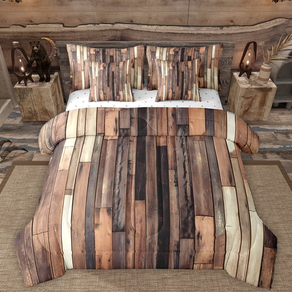 Manfei Old Wooden Strip 7-Piece Bedding Comforter Set,Rustic Farmhouse King Bedding Sets,Brown Beige Bed Sheets For Teens,Ultra Soft Home Decor Reversible