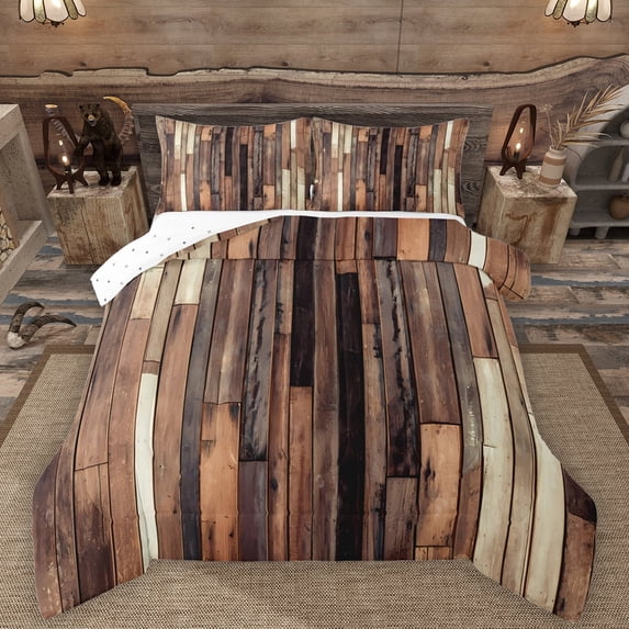 Manfei Old Wooden Strip Bedding Comforter Set,Rustic Farmhouse Twin Comforter Sets,Brown Beige Bedding Set For Teens,Ultra Soft Home Decor Reversible,2pcs