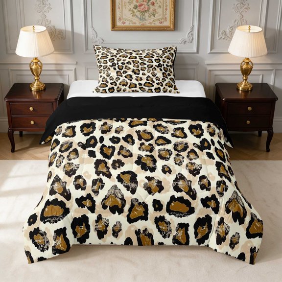 Manfei Olive Rosette Leopard Twin Comforter Sets, Khaki Green Spot Bedding Set, Black Reversible 2 Pieces 1 Comforter and 1 Pillowcase
