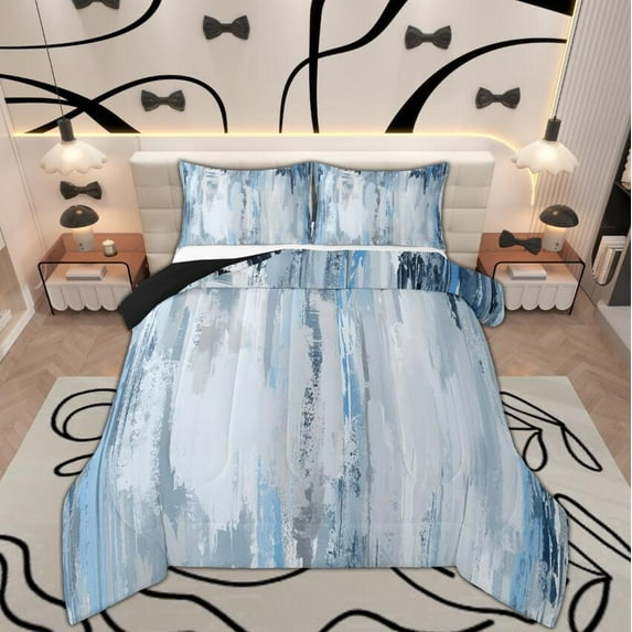 Manfei Ombre Blue Gray Full Size Comforter Sets, Vintage Abstract Artwork Bedding Comforter Set, Modern Oil Painting Bedding Sets, Super Cozy Room Decor, Reversible 3pcs