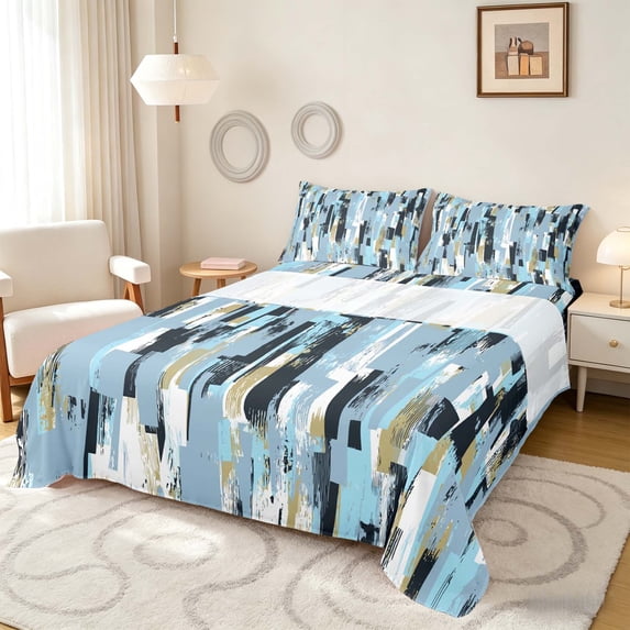 Manfei Ombre Brushstroke Bed Sheets, Blue Tone Gradient Fuul Size Sheets, Reversible 4 Pieces1 Flat Sheet + 1 Fitted Sheet + 2 Pillowcases