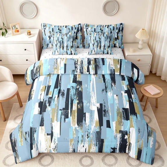 Manfei Ombre Brushstroke Queen Bedding, Blue Tone Gradient Bedding Comforter Set Queen, Reversible 7-Piece