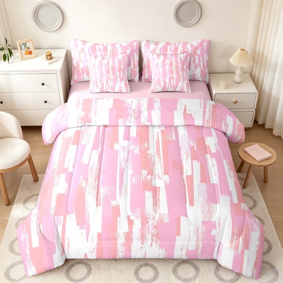 Manfei Ombre Brushstroke Twin Bedding, Pink White Gradient Bedding Comforter Set, Pink Reversible 7 Pieces