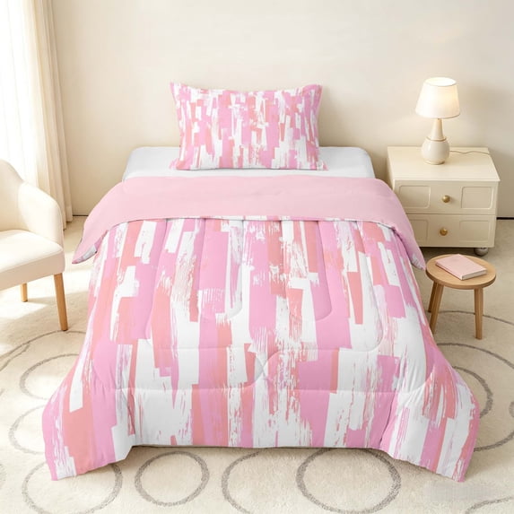 Manfei Ombre Brushstroke Twin Comforter Sets, Pink White Gradient Bedding Set, Pink Reversible 2pcs, 1 Comforter and 1 Pillowcase