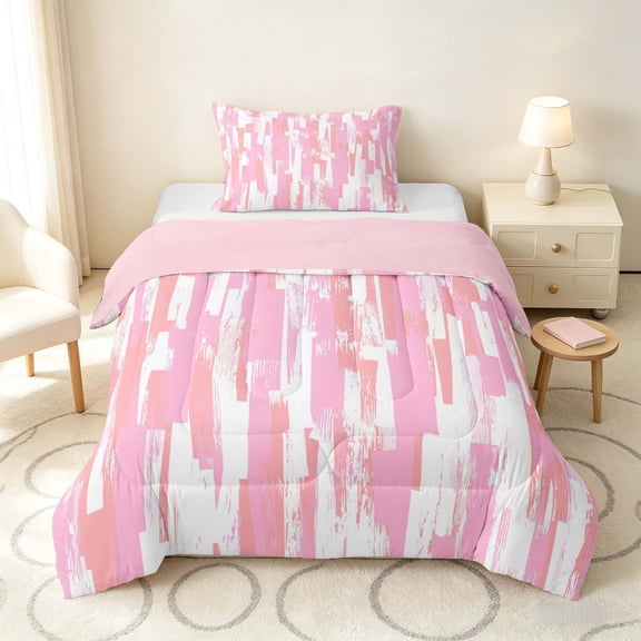 Manfei Ombre Brushstroke Twin Comforter Sets, Pink White Gradient Bedding Set, Pink Reversible 2pcs, 1 Comforter and 1 Pillowcase