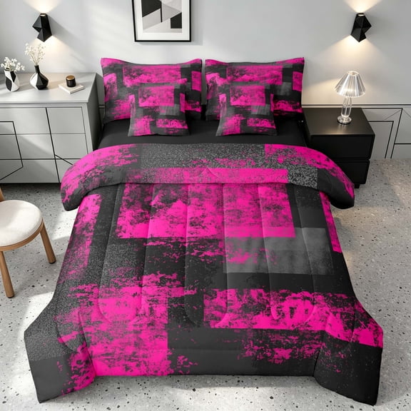 Manfei Ombre Grunge King Bedding, Neon Pink Black Oil Painting King Bed in a Bag, Black Reversible 7 Pieces