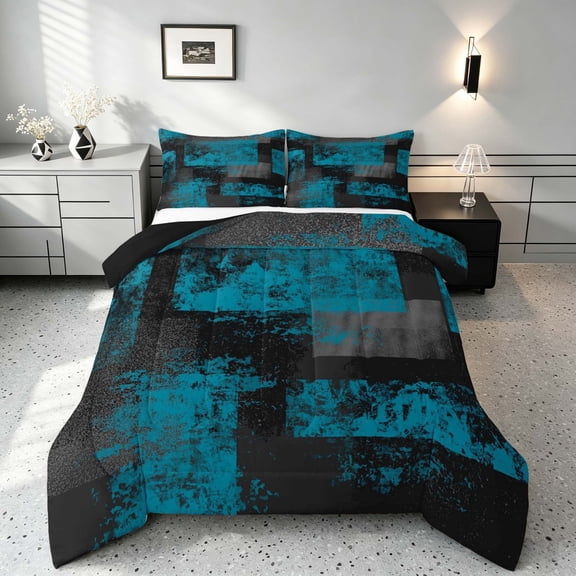 Manfei Ombre Grunge Queen Comforter Set, Teal Black Oil Painting Comforter Sets Queen, Black Reversible 3 Pieces, 1 Comforter and 2 Pillowcases