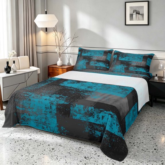 Manfei Ombre Grunge Queen Sheets, Teal Black Oil Painting Queen Sheet Sets, Black Reversible 4 Pieces1 Flat Sheet + 1 Fitted Sheet + 2 Pillowcases