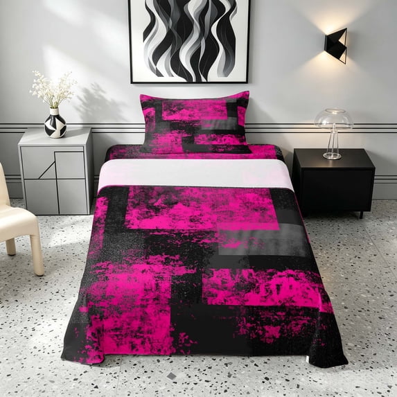 Manfei Ombre Grunge Twin Sheets, Neon Pink Black Oil Painting Bedding, Black Reversible 3pcs1 Flat Sheet + 1 Fitted Sheet + 1 Pillowcase