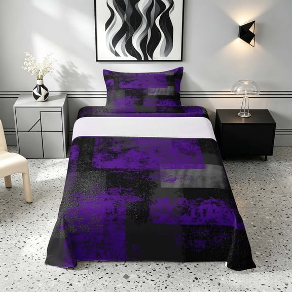 Manfei Ombre Grunge Twin Sheets, Purple Black Oil Painting Bedding, Black Reversible 3-Piece1 Flat Sheet + 1 Fitted Sheet + 1 Pillowcase