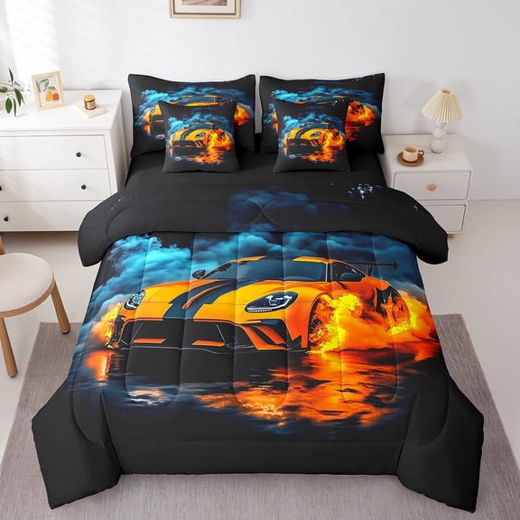 Manfei Orange Automobile Bedding Sets Twin Size, Racing Car Bed in a Bag Twin size, Extreme Sports Reversible Comforter Sets with Sheets, Breathable Room Decorative, 7-Piece