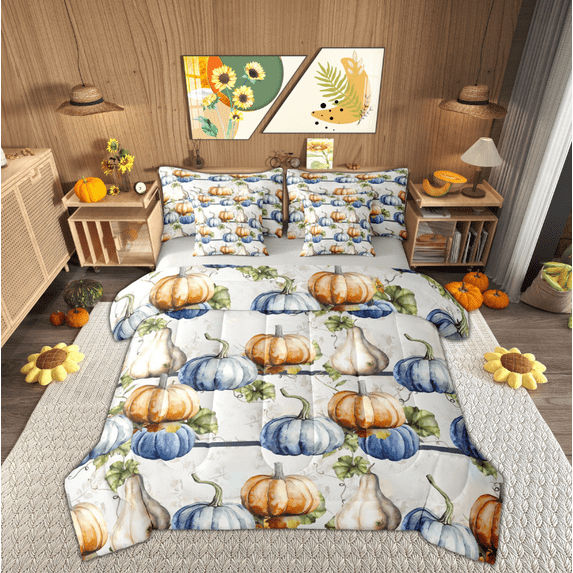 Manfei Orange Blue Pumpkin Child Bedding Comforter Set 7pcs, Rustic Farmhouse Queen Bedding Sets, Happy Fall Harvest Reversible Queen Sheet Sets, Microfiber Bedroom Decor