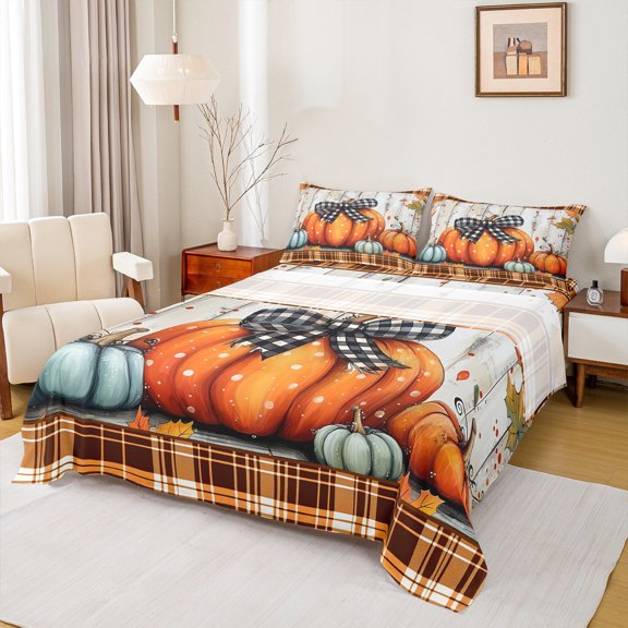 Manfei Orange Blue Pumpkin Queen Sheet Sets,Black Bowtie Bowknot Flat Sheet,Hello Fall Queen Fitted Sheet For Child,Ultra Soft Home Decor,4pcs