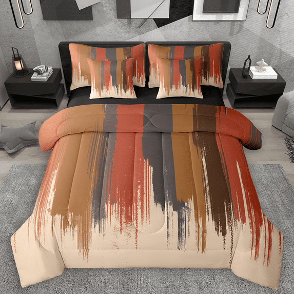 Manfei Orange Brown Ombre Bedding Comforter Set 7pcs, Watercolor Artwork King Bedding Sets, Vintage Oil Painting Bed Sheets, Lightweight Room Decor
