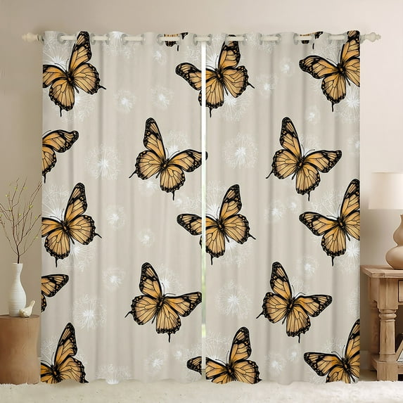 Manfei Orange Butterfly Print Curtains Pack of 2 (42x84 Each), Romantic Dandelion Flower Curtains Blackout, Vintage French Style Bedroom Curtains, Curtains Blackout Home Decor