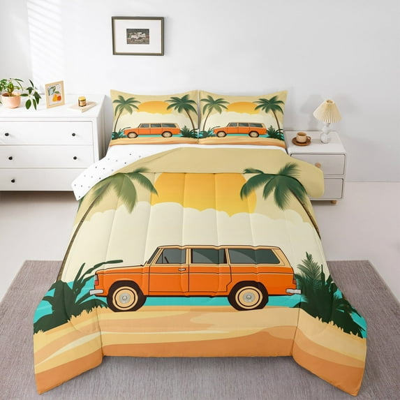 Manfei Orange Camper 3pcs King Size Comforter Sets,Tropical Leaves Bedding Comforter Set,Ocean Beach Bedding Set,Ultra Soft Teenager Bedroom Decor,Reversible