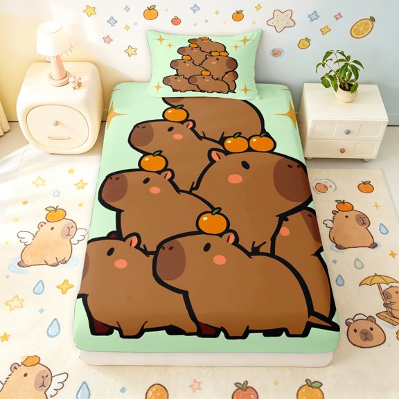 Manfei Orange Capybara Twin Fitted Sheet, Cartoon Stars Print Bedding, Green Brown, 2 Pieces, 1 Fitted Sheet and 1 Pillowcase