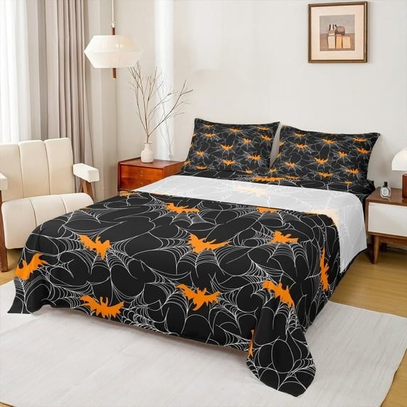 Manfei Orange Cartoon Bat Bed Sheets, Gothic Spider Web King Sheets, Vintage Halloween Festival Sheet Set, Luxury Bedroom Decor, 4 Pieces