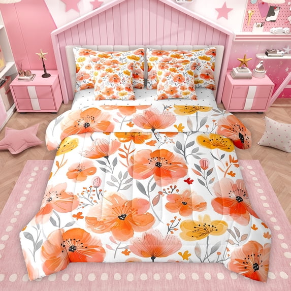 Homewish Orange Cherry Blossoms Bedding Comforter Set 7 Pieces, Chic Watercolor Full Bedding Set, Leaf Plant Botanical Reversible Fitted Sheet Flat Sheet, Luxury Bedroom Decor
