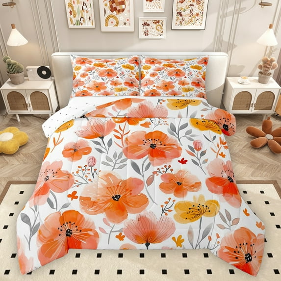 Homewish Orange Cherry Blossoms Queen Comforter Set, Chic Watercolor Bedding Sets, Leaf Plant Botanical Reversible Bedding Comforter Set, Luxury Bedroom Decor, 3pcs