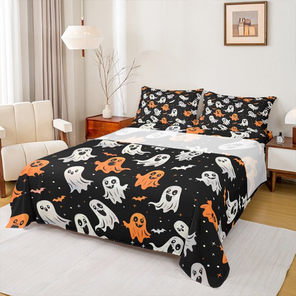 Manfei 3-Piece Orange Ghost Twin Sheet Set, Halloween Stars Gothic Bat