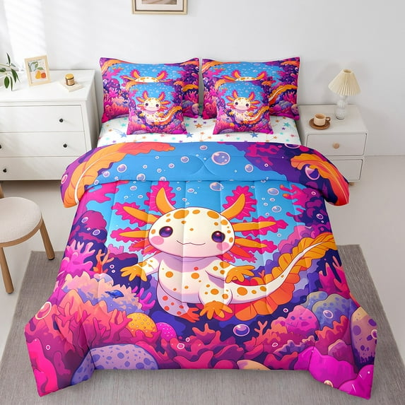 Manfei Orange Dot Axolotl Bed in a Bag Twin Size,Ocean Sealife Bed Set,Multicolor Coral Bedding Twin Size,Super Cozy Room Decor Reversible,7 Pieces