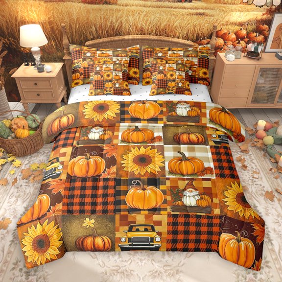 Manfei Orange Fall Pumpkin 7pcs Bedding Comforter Set,Patchwork Geometric Plaid Queen Bedding Sets,Rustic Farmhouse Cabin Queen Sheet Sets For Men Women,Microfiber Bedroom Decor Reversible