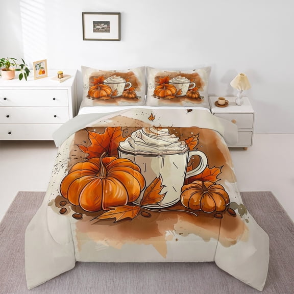 Manfei Orange Fall Pumpkin Bedding Comforter Set,Sweet Dessert Twin Comforter Sets,Autumn Harvest Bedding Set For Teens,Breathable Home Decor Reversible,2pcs