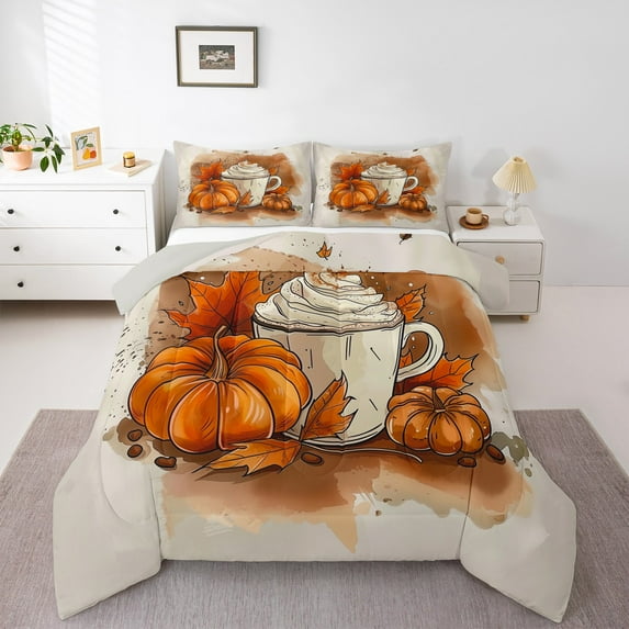 Manfei Orange Fall Pumpkin King Size Comforter Sets,Sweet Dessert Bedding Comforter Set,Autumn Harvest Bedding Set For Teens,Breathable Home Decor Reversible,3pcs