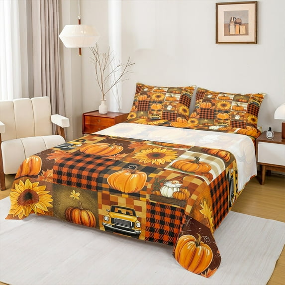 Manfei Orange Fall Pumpkin Twin Sheet Sets,Patchwork Geometric Plaid Twin Fitted Sheet,Rustic Farmhouse Cabin Flat Sheet For Men Women,Microfiber Bedroom Decor,3pcs