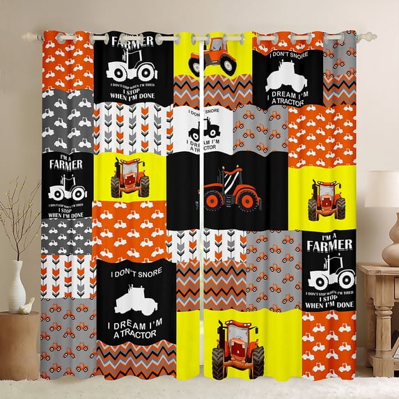 Manfei Orange Farm Tractor Blackout Curtains Set of 2 (38x54 Each),Country Farmhouse Lodge Curtains and Drapes,Patchwork Geometric Checkered Living Room Curtains For Teens,Microfiber Bedroom Decor