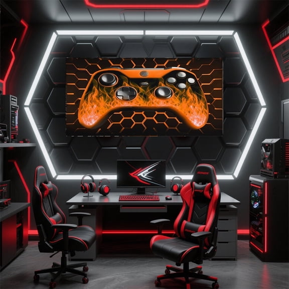 Manfei Orange Gamepad Canvas Wall Art Bedroom, Game Gaming Gamer Wall Hanging Decor Living Room 48x24, Geometric Hexagon Wall Decor for 48x24, Stylish Living Room Decorative