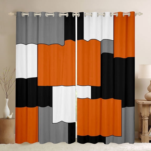Manfei Orange Geometric Kitchen Curtains, Abstract Grid Black Out Curtains Pack of 2 (42x63 Each), Black White Orange Gray