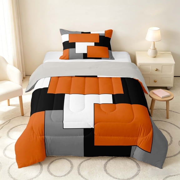 Manfei Orange Geometric Twin Comforter Sets, Abstract Grid Bedding Set, Black White Orange Gray, Gray Reversible 2 Pieces, 1 Comforter and 1 Pillowcase