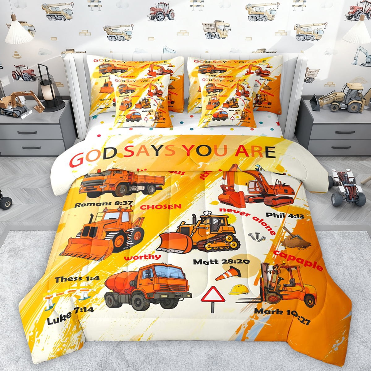 Manfei Orange Graffiti 7-Piece Bedding Comforter Set,Excavator Bulldozer Truck King Bedding Sets,Construction Vehicles Bed Sheets For Boys,Luxury Bedroom Decor Reversible