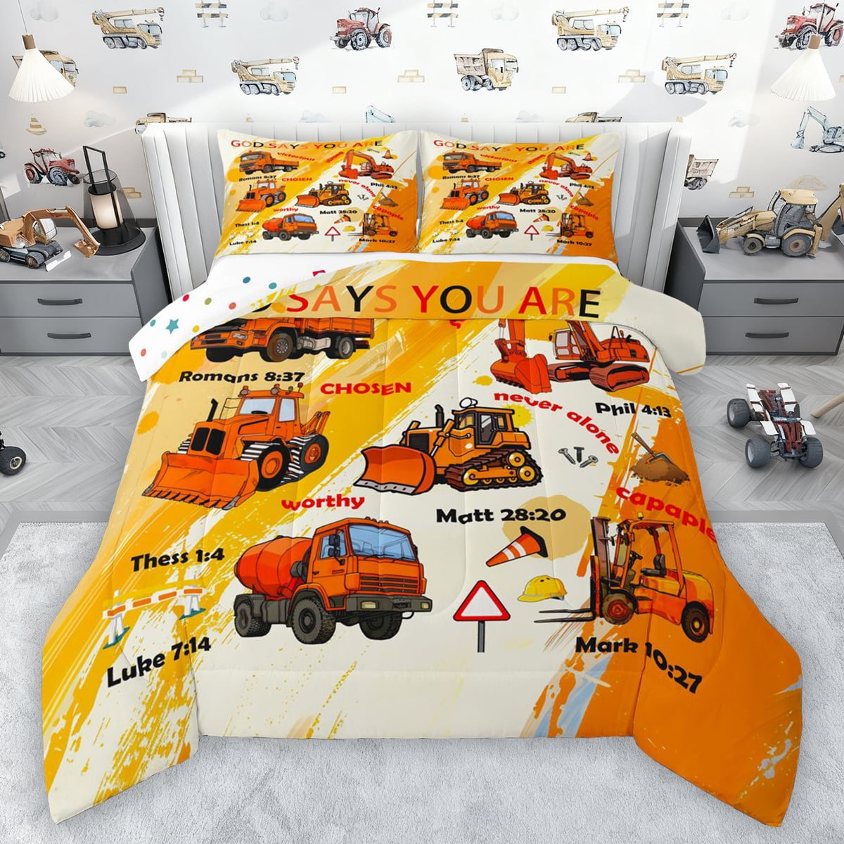 Manfei Orange Graffiti Full Size Comforter Sets,Excavator Bulldozer Truck Bedding Comforter Set,Construction Vehicles Bedding Sets For Boys,Luxury Bedroom Decor Reversible,3 Pieces