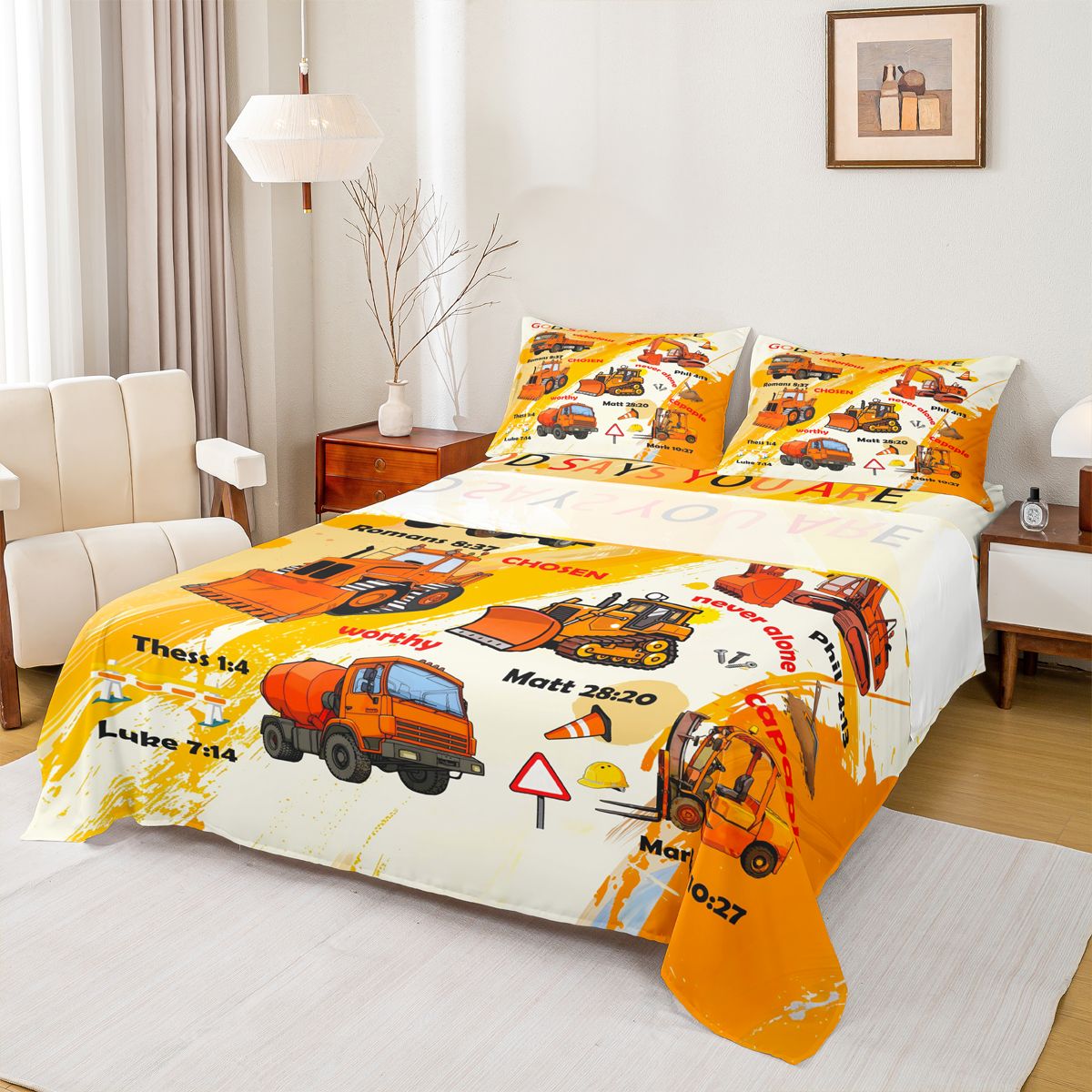 Manfei Orange Graffiti Twin Sheet Set,Construction Vehicles,Luxury Decor For Boys,3-Piece