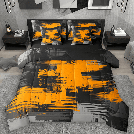 Manfei Orange Gray Black Ombre Bedding Comforter Set 7pcs, Abstract Oil Painting King Bedding Sets, Watercolor Gradient Bed Sheets, Lightweight Room Decor