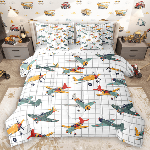 Manfei Orange Green Airplane Bedding Comforter Set 7 Pieces, Gray Plaid Queen Bedding Sets, Aircraft Transportation Theme Queen Sheet Sets, Luxury Bedroom Decor