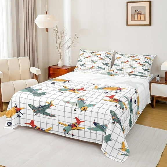 Manfei Orange Green Airplane Twin Sheet Sets 3pcs, Gray Plaid Twin Fitted Sheet, Aircraft Transportation Theme Flat Sheet, Luxury Bedroom Decor