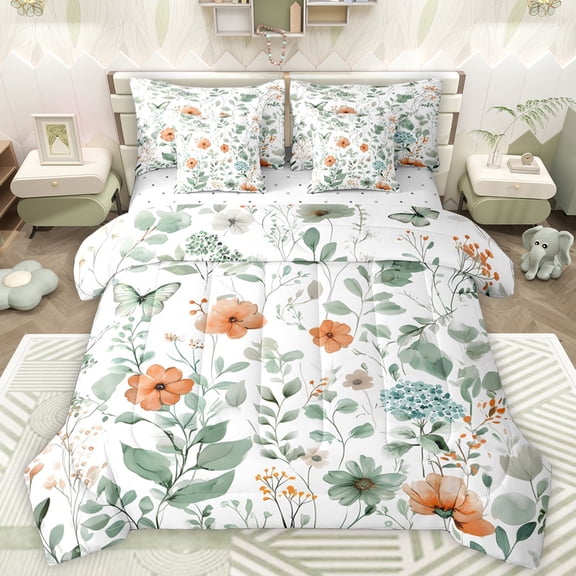 Manfei Orange Groovy Daisy Bedding Comforter Set 7pcs for Teens, Rustic Farmhouse Plant King Bedding Sets, Fashion Leaf Flower Reversible Bed Sheets, Lightweight Room Decor