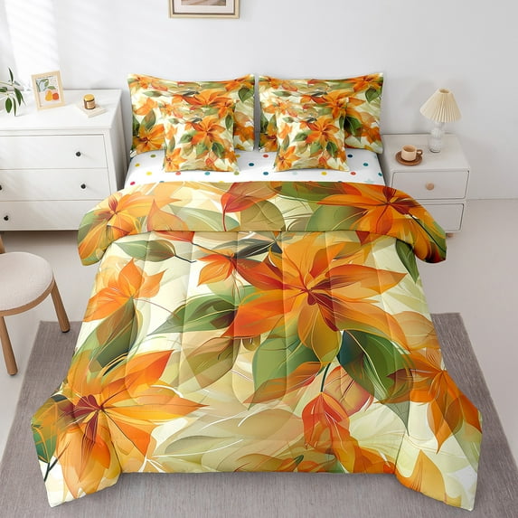 Manfei Orange Leaves 7-Piece Twin Bedding Sets,Autumn Fall Bedding Comforter Set,Botanical Plants Breathable Sheet Sets,Luxury Teens Bedroom Decor,Reversible