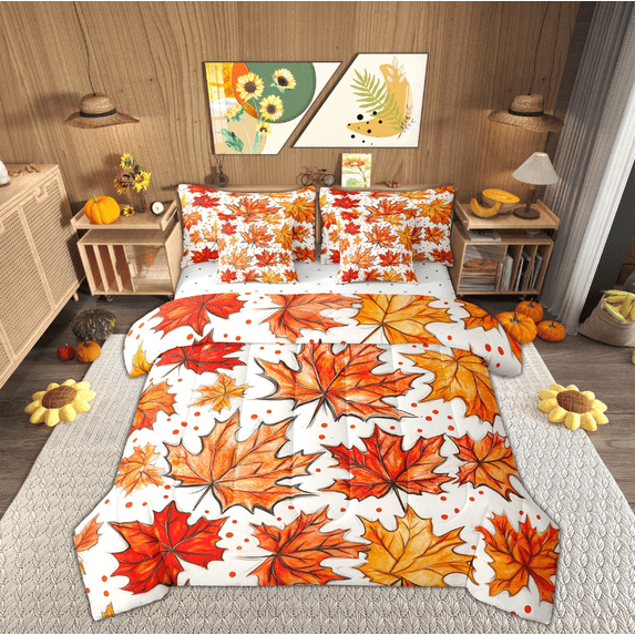 Manfei Orange Maple Leaf Bed in a Bag Full size, Fall Autumn Bedding Sets Full Size, Plant Botanical Bedding Full Size, Microfiber Room Decor, 7 Pieces