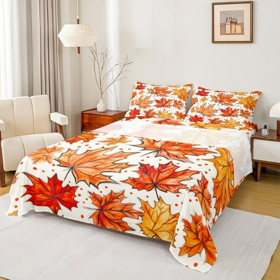 Manfei Orange Maple Leaf Bed Sheets Set King Size, Fall Autumn Bedding King Size, Plant Botanical King Sheet Sets, Microfiber Room Decor, 4 Pieces