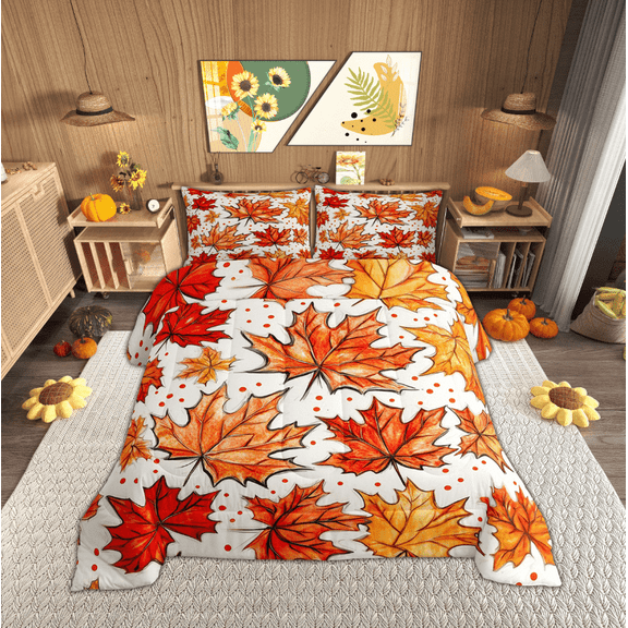 Manfei Orange Maple Leaf Bedding Full Comforter Set, Fall Autumn Comforter Sets Full Size, Plant Botanical Comforters & Duvets, Microfiber Room Decor, 3 Pieces
